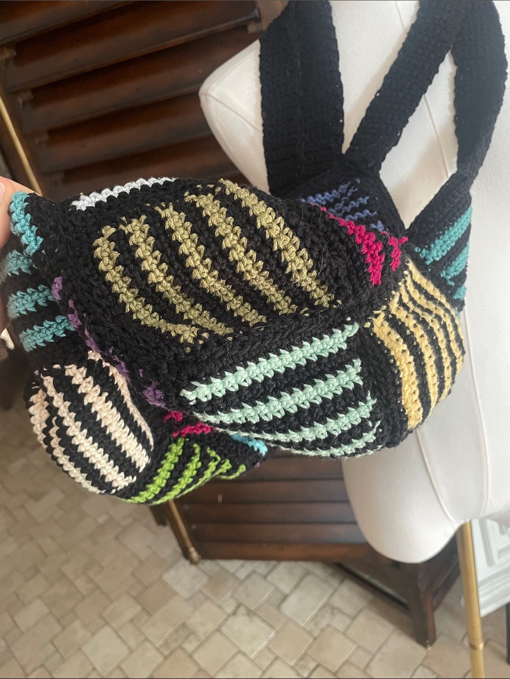 Black Crochet Patchwork Shoulder Bag Multicolor Boho Festival Artsy Art - Picture 8 of 11